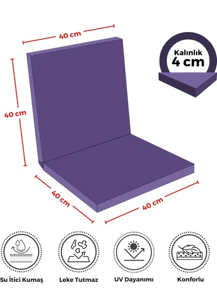 4'lü Sandalye Minderi Su Itici Kumaş 40X40 cm Sünger Sırtlıklı Sandalye Minderi Bağcıklı Mor