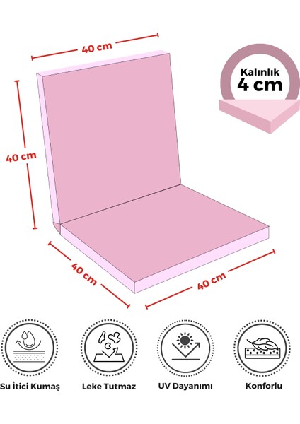 4'lü Sandalye Minderi Su Itici Kumaş 40X40 cm Sünger Sırtlıklı Sandalye Minderi Bağcıklı Pembe