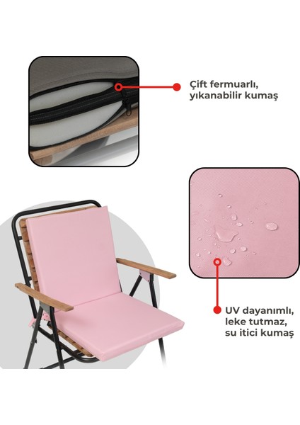 4'lü Sandalye Minderi Su Itici Kumaş 40X40 cm Sünger Sırtlıklı Sandalye Minderi Bağcıklı Pembe