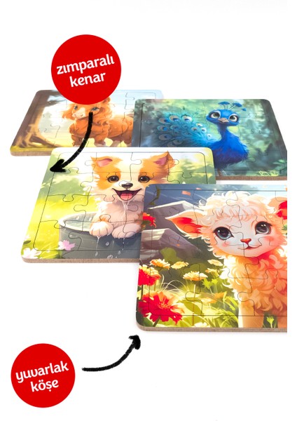 Çocuklar Için Eğitici ve Öğretici Ahşap 16 Parçalı 4 Adet Hayvanlar Puzzle Yapboz Montessori Oyuncak Seti