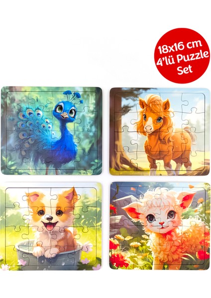 Çocuklar Için Eğitici ve Öğretici Ahşap 16 Parçalı 4 Adet Hayvanlar Puzzle Yapboz Montessori Oyuncak Seti