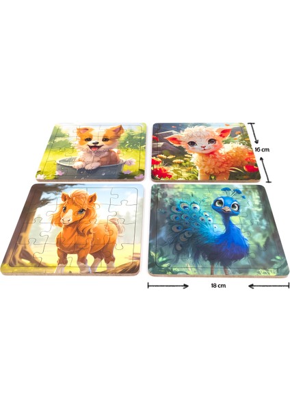 Çocuklar Için Eğitici ve Öğretici Ahşap 16 Parçalı 4 Adet Hayvanlar Puzzle Yapboz Montessori Oyuncak Seti