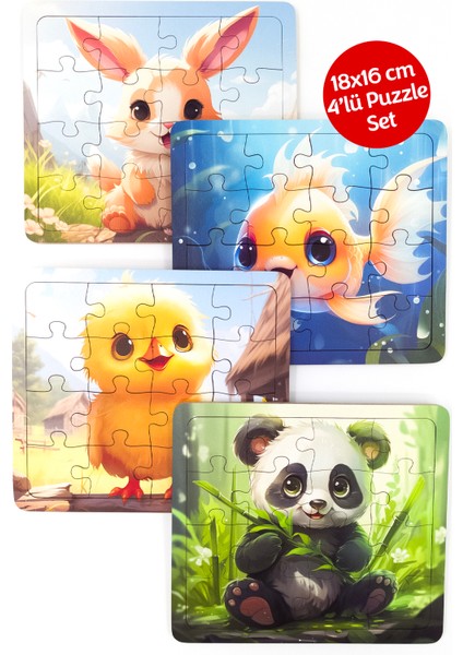 Çocuklar Için Eğitici ve Öğretici Ahşap 16 Parçalı 4 Adet Hayvanlar Puzzle Yapboz Montessori Oyuncak Seti