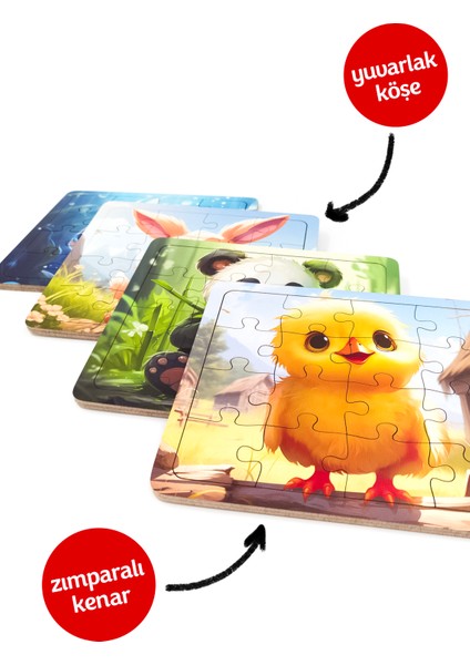 Çocuklar Için Eğitici ve Öğretici Ahşap 16 Parçalı 4 Adet Hayvanlar Puzzle Yapboz Montessori Oyuncak Seti