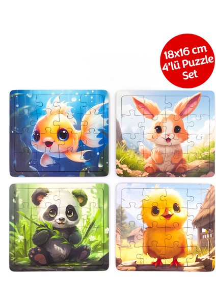 Çocuklar Için Eğitici ve Öğretici Ahşap 16 Parçalı 4 Adet Hayvanlar Puzzle Yapboz Montessori Oyuncak Seti