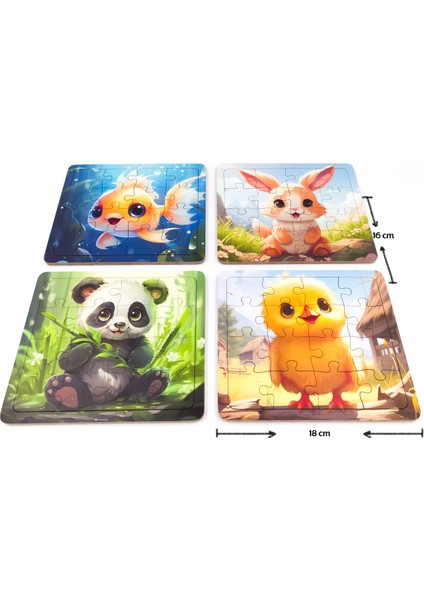 Çocuklar Için Eğitici ve Öğretici Ahşap 16 Parçalı 4 Adet Hayvanlar Puzzle Yapboz Montessori Oyuncak Seti