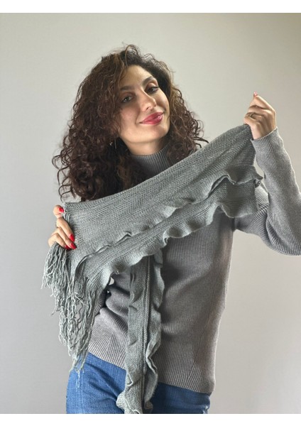 Gri Triko Fırfırlı Kadın Fular Şal 200X25 cm fiyatları