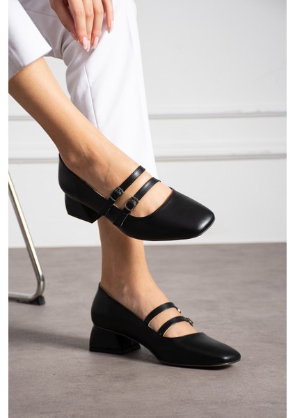 Kadın Kare Topuk Küt Burunlu Çift Bantlı Klasik Ofis Günlük Şık Topuklu Ayakkabı (36-44)