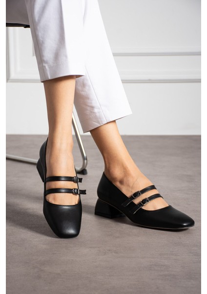 Kadın Kare Topuk Küt Burunlu Çift Bantlı Klasik Ofis Günlük Şık Topuklu Ayakkabı (36-44) fiyatları