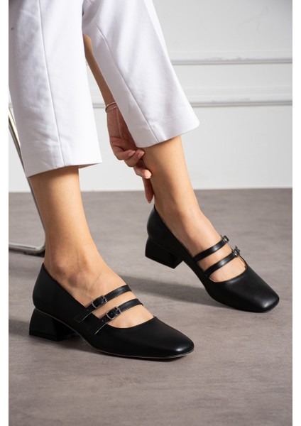 Kadın Kare Topuk Küt Burunlu Çift Bantlı Klasik Ofis Günlük Şık Topuklu Ayakkabı (36-44) modelleri