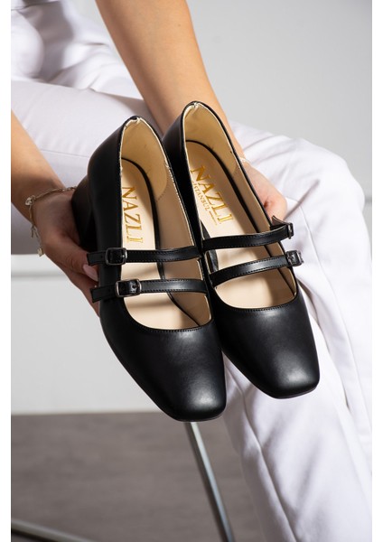 Kadın Kare Topuk Küt Burunlu Çift Bantlı Klasik Ofis Günlük Şık Topuklu Ayakkabı (36-44) fırsatları