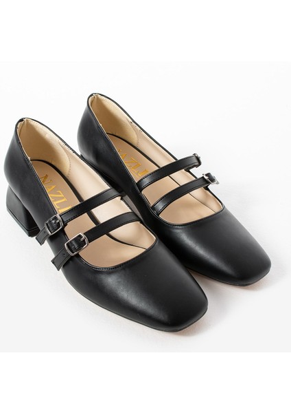 Kadın Kare Topuk Küt Burunlu Çift Bantlı Klasik Ofis Günlük Şık Topuklu Ayakkabı (36-44) indirimleri