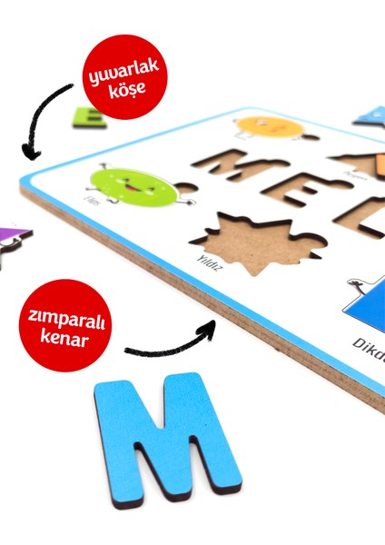 Ahşap Isme Özel Çocuk Doğum Günü Hediye Dekoratif Tablo Süs Eğitici Puzzle Yapboz - Geometrik Şekiller