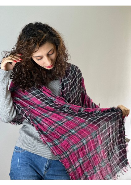 Ekose Kareli Pembe Kadın Fular Şal 200X60 cm