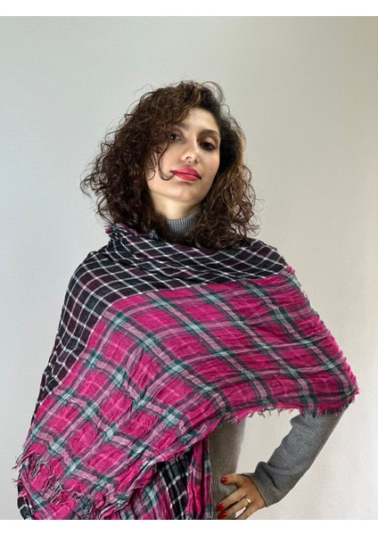 Ekose Kareli Pembe Kadın Fular Şal 200X60 cm