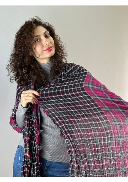 Ekose Kareli Pembe Kadın Fular Şal 200X60 cm
