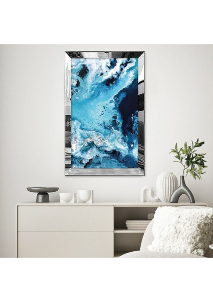 Gold Aynalı Pleksi Çerçeveli Dalgalı Okyanus Mavi Beyaz Desen Manzara Tablo