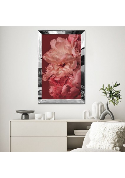 Gümüş Aynalı Pleksi Çerçeveli Pembe Şakayık Çiçeği Tablo