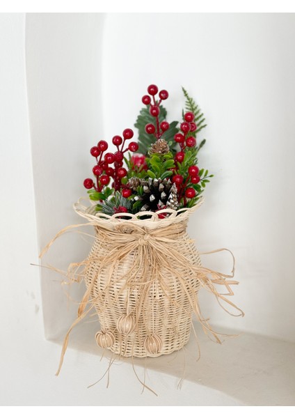 Rattan Vazo & Yapay Kırmızı Kokina Seti Yılbaşı Konsept