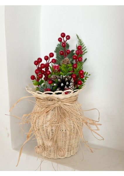 Rattan Vazo & Yapay Kırmızı Kokina Seti Yılbaşı Konsept