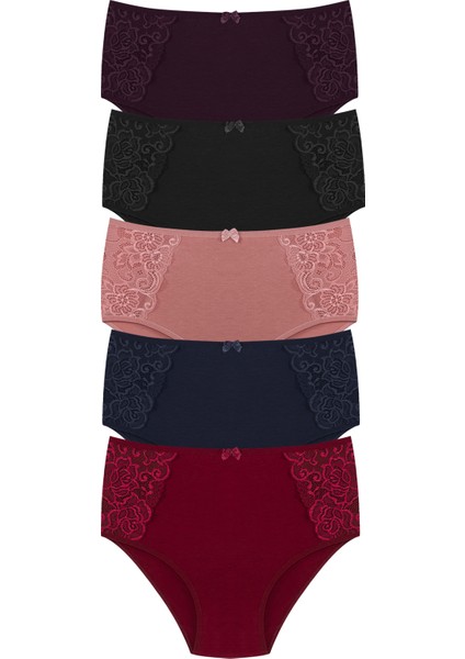 5'li Basenleri Dantel Pamuklu Yüksek Bel Büyük Beden Kadın Külot