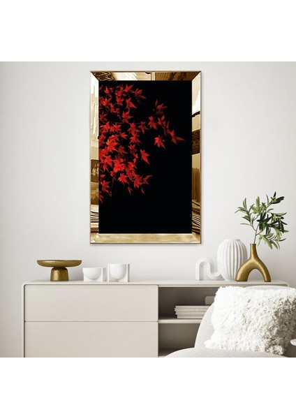 Gold Aynalı Pleksi Çerçeveli Kırmızı Sonbahar Modern Soyut Tablo