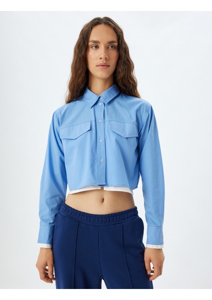 Crop Poplin Gömlek Klasik Yaka Düğmeli Renk Bloklu Cep Detaylı modelleri