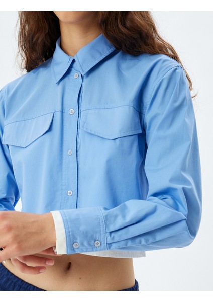 Crop Poplin Gömlek Klasik Yaka Düğmeli Renk Bloklu Cep Detaylı indirimleri
