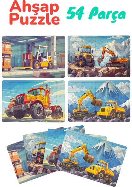 Çocuklar Için Eğitici ve Öğretici Ahşap 54 Parçalı 4 Adet Iş Makineleri Puzzle Yapboz Montessori Oyuncak Seti