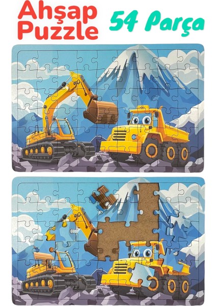 Çocuklar Için Eğitici ve Öğretici Ahşap 54 Parçalı 4 Adet Iş Makineleri Puzzle Yapboz Montessori Oyuncak Seti