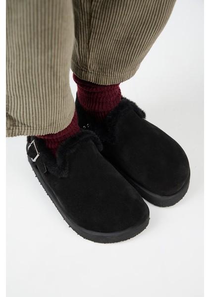 (Holly 2 Kürklü Platform) Kadın Hakiki Deri Kemerli Tokalı Sabo Siyah Sandalet modelleri