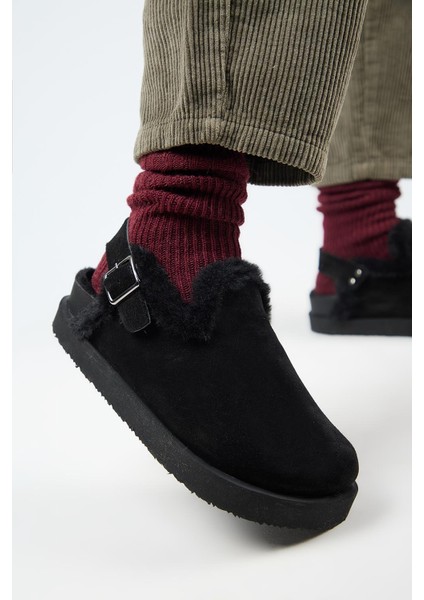 (Holly 2 Kürklü Platform) Kadın Hakiki Deri Kemerli Tokalı Sabo Siyah Sandalet fırsatları