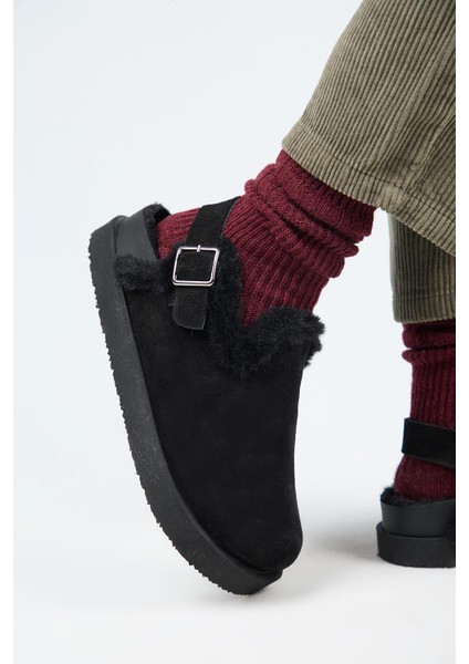 (Holly 2 Kürklü Platform) Kadın Hakiki Deri Kemerli Tokalı Sabo Siyah Sandalet indirimleri