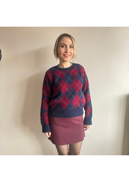 Lacivert Bordo Haley Baklava Desenli Kazak fiyatları