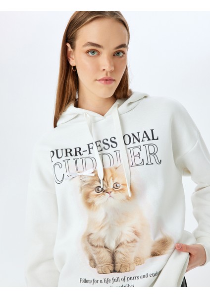 Kapüşonlu Kedi Baskılı Uzun Kollu Rahat Kalıp Sweatshirt