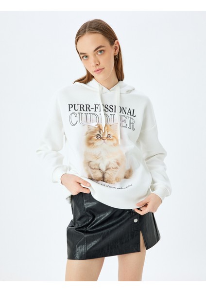 Kapüşonlu Kedi Baskılı Uzun Kollu Rahat Kalıp Sweatshirt