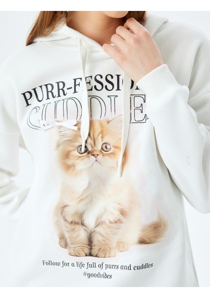 Kapüşonlu Kedi Baskılı Uzun Kollu Rahat Kalıp Sweatshirt