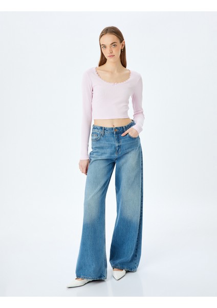 Dantel Detaylı Uzun Kollu Slim Fit Crop Tişört