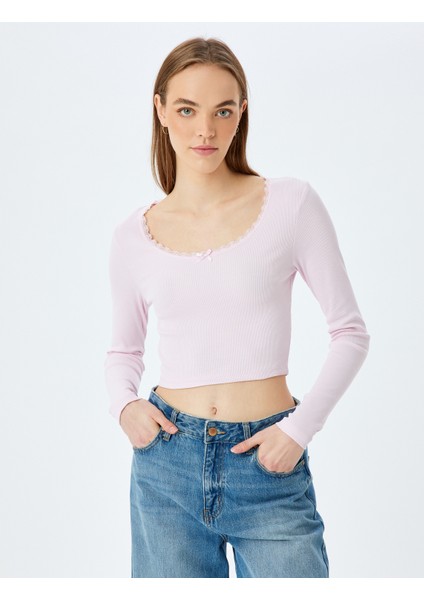 Dantel Detaylı Uzun Kollu Slim Fit Crop Tişört