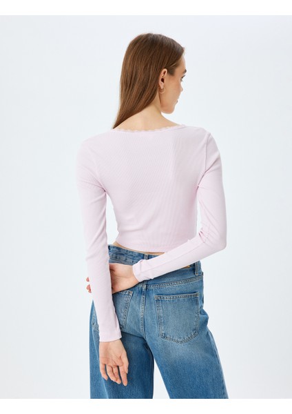 Dantel Detaylı Uzun Kollu Slim Fit Crop Tişört
