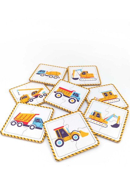 Çocuklar Için Eğitici ve Öğretici Ahşap 8 Adet 4 Parçalı Iş Makineleri Mini Puzzle Yapboz Montessori Oyuncak Seti