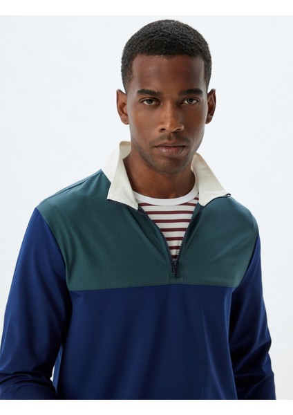 Spor Sweatshirt Dik Yaka Yarım Fermuarlı Arkası Baskılı Renk Kontrastlı Interlok Kumaş