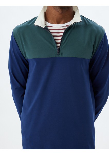 Spor Sweatshirt Dik Yaka Yarım Fermuarlı Arkası Baskılı Renk Kontrastlı Interlok Kumaş indirimleri