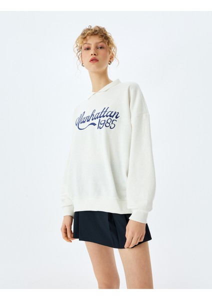 Slogan Nakışlı Polo Yaka Uzun Kollu Sweatshirt fiyatları