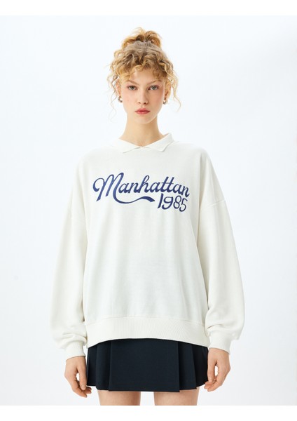 Slogan Nakışlı Polo Yaka Uzun Kollu Sweatshirt modelleri