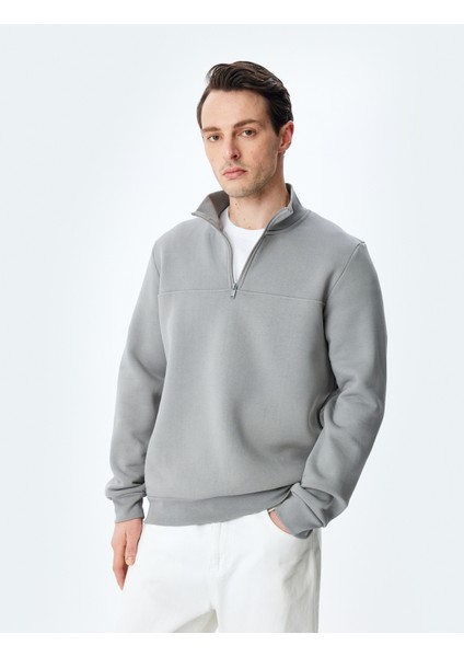 Uzun Kollu Pamuk Karışımlı Basic Yarım Fermuarlı Sweatshirt