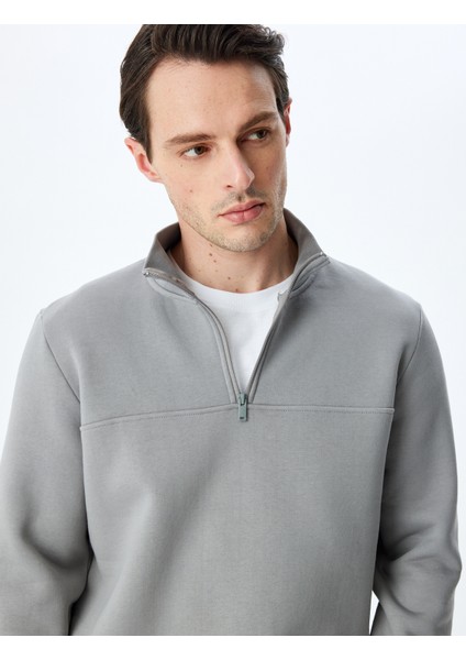 Uzun Kollu Pamuk Karışımlı Basic Yarım Fermuarlı Sweatshirt