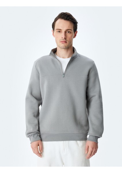 Uzun Kollu Pamuk Karışımlı Basic Yarım Fermuarlı Sweatshirt