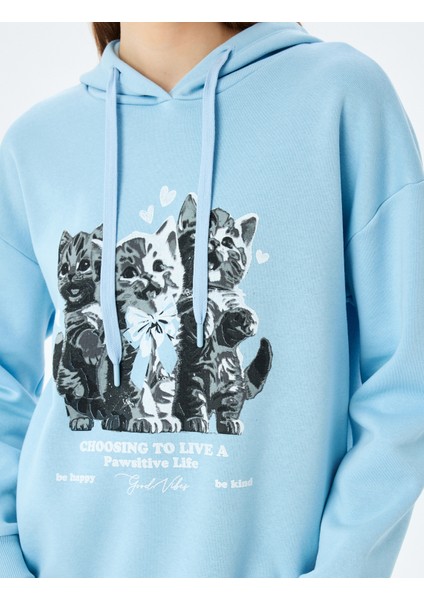 Kapüşonlu Kedi Baskılı Uzun Kollu Rahat Kalıp Sweatshirt