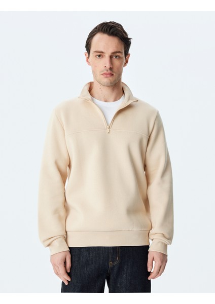 Uzun Kollu Pamuk Karışımlı Basic Yarım Fermuarlı Sweatshirt